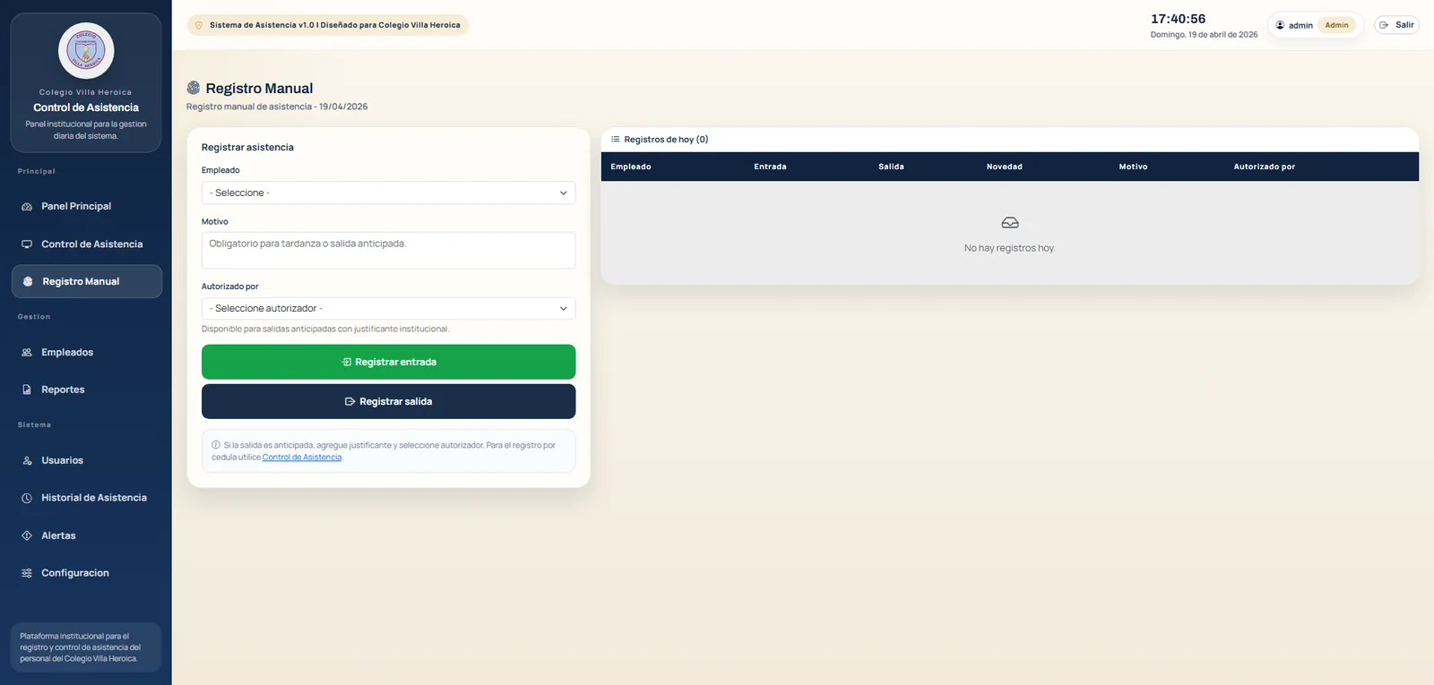 Manual attendance entry form for staff