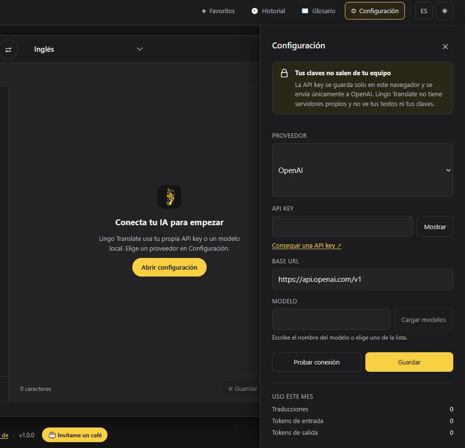 Lingo Translate settings panel: provider, API key, base URL and model