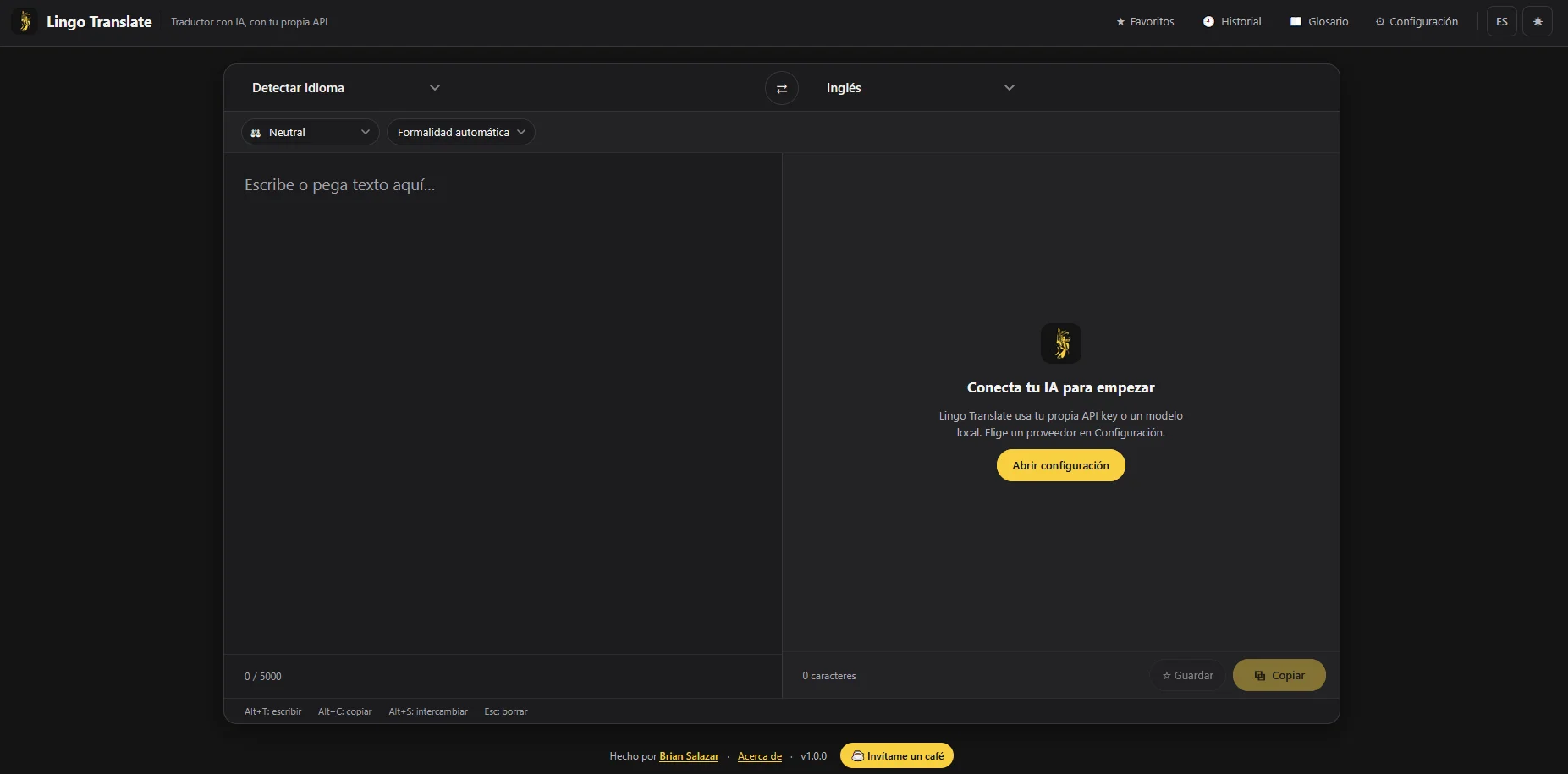 Lingo Translate main screen with language detection and formality selector