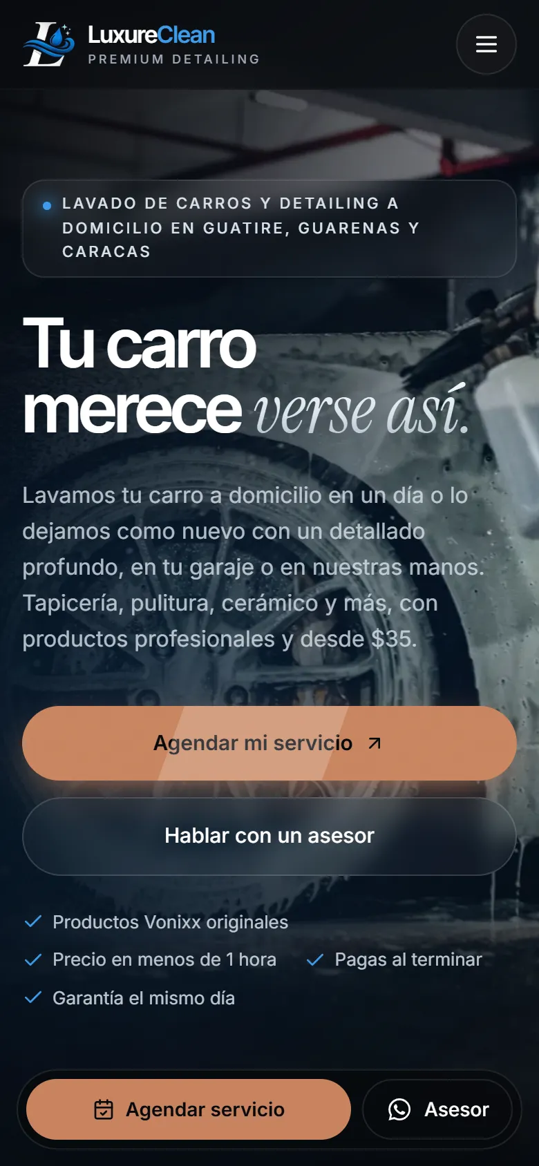 Página de inicio de LuxureClean en el celular