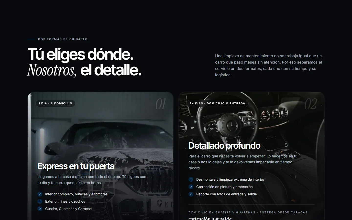 Sección de servicios de LuxureClean: express a domicilio y detallado profundo